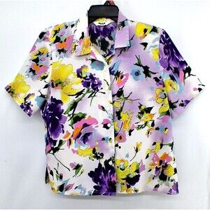 ALIA Blouse Women Size PM White Purple Floral Short Sleeve Collared Button Up